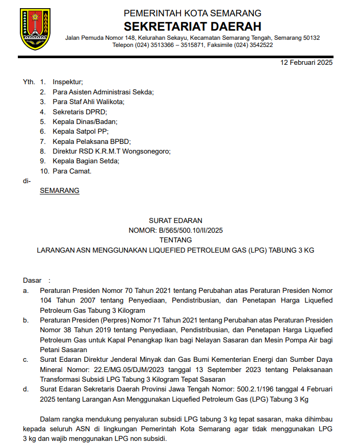 Larangan ASN Menggunakan Liquefied Petroleum Gas (LPG) 3 Kg